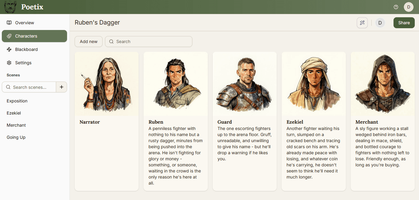 Characters page showing a roster of character cards, each with an image, name, and description