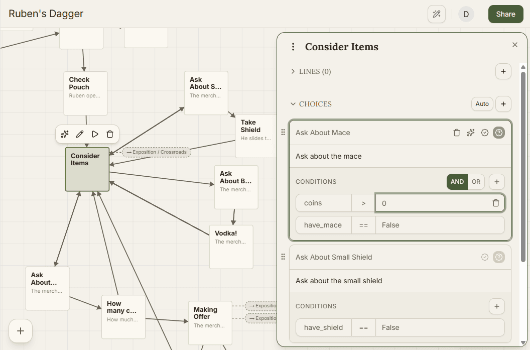 The beat editor, showing the conditions section with a variable, operator, and value.