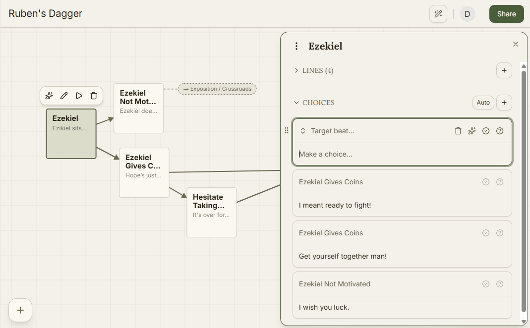Poetix editor showing a collapsed lines section and a choice being edited.