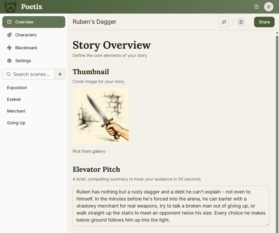 Poetix sidebar showing Overview, Characters, Blackboard, and Settings, with the scene list and search below, next to the Story Overview page