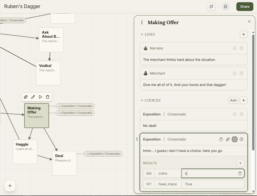 The beat editor, showing the results section with a variable and a value.