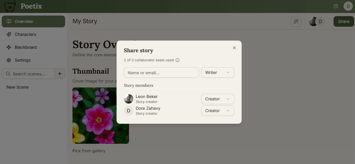 Share story dialog with a Name or email field, a role picker, and the current list of story members and their roles