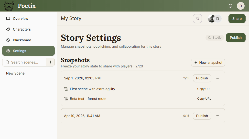 Publish snapshot dialog with a Label field and a Starting beat picker