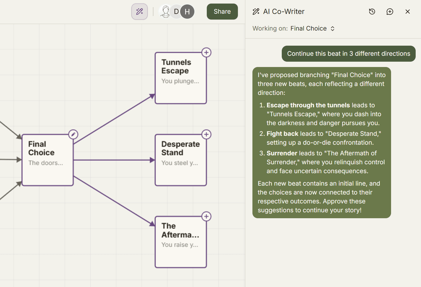 AI Co-Writer panel proposing three new branching beats for review