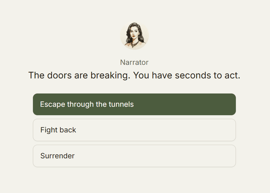 Interactive story player showing the Final Choice scene