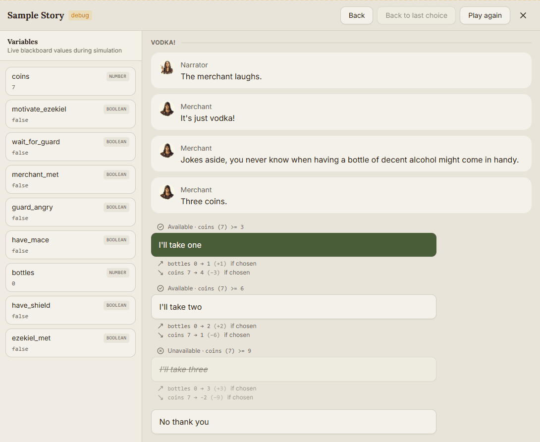 Story tester with 7 coins in the Variables panel, available choices to buy one or two bottles, an unavailable crossed-out choice to buy three, and predicted results labeled if chosen